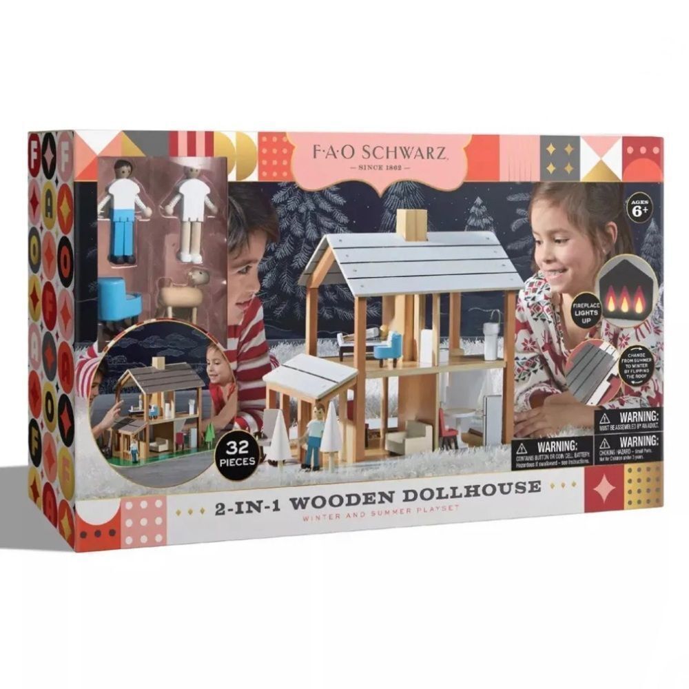 FAO Schwarz 2 in 1 Wooden Dollhouse Winter and Summer Playset NEW! - Picture 8 of 8